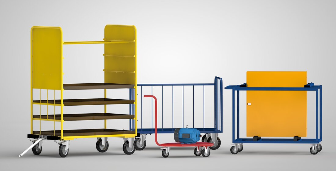 Vier Verschiedene Transportgeräte aus Stahlblech