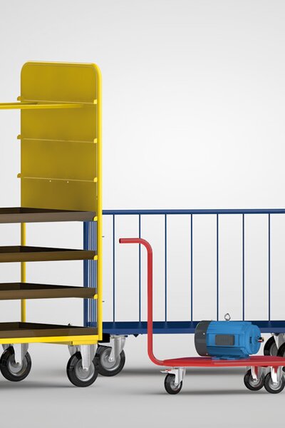 Vier Verschiedene Transportgeräte aus Stahlblech